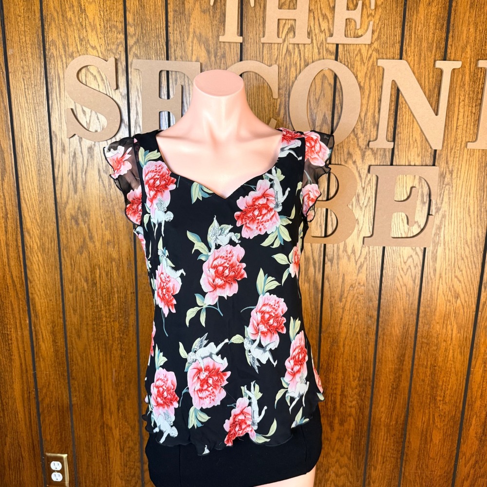 Vintage Floral Cherub Blouse Women M Black Y2K Fairy Ethereal Flutter Sleeve Top
